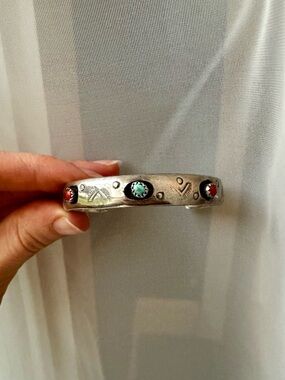Sterling Silver Southwestern Turquoise & Red Coral Stone Stamped Cuff Bracelet